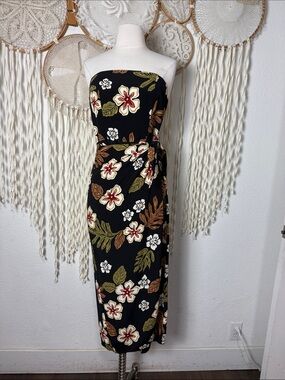 Go Barefoot Strapless Tropical Hawaiian Midi Length Faux Wrap Dress